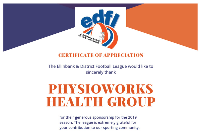 Physioworks Health Group support of the Ellinbank & District Football League